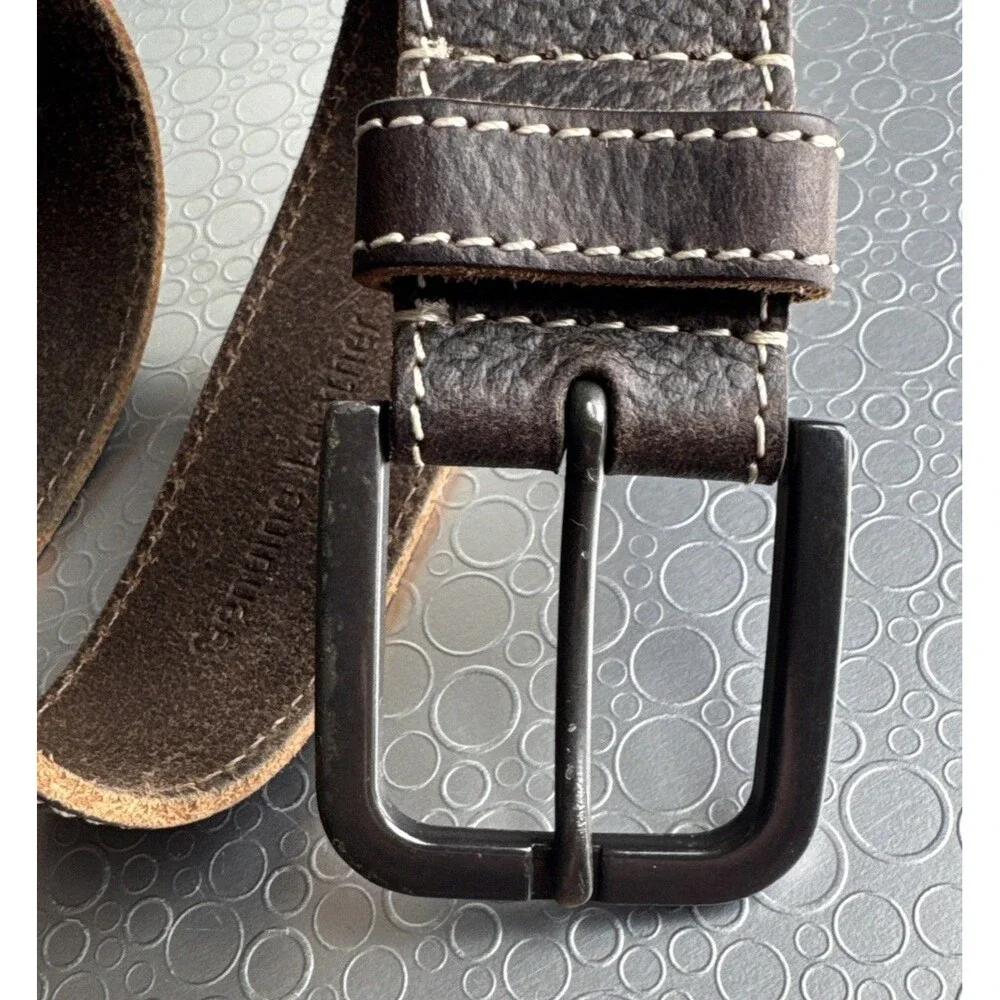 Timberland Mens Brown Leather Belt 40 White Contrast Stitch Rugged Workwear
